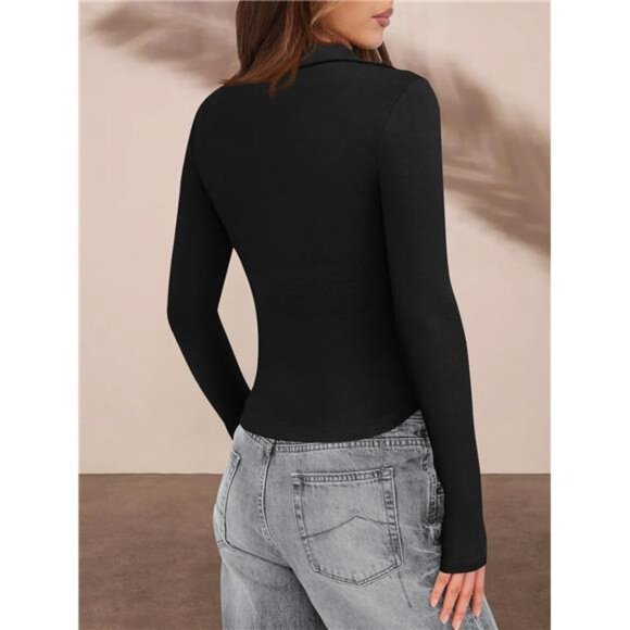 Womens Button Down Shirts V Neck Slim Fit Black - Picture 4 of 5